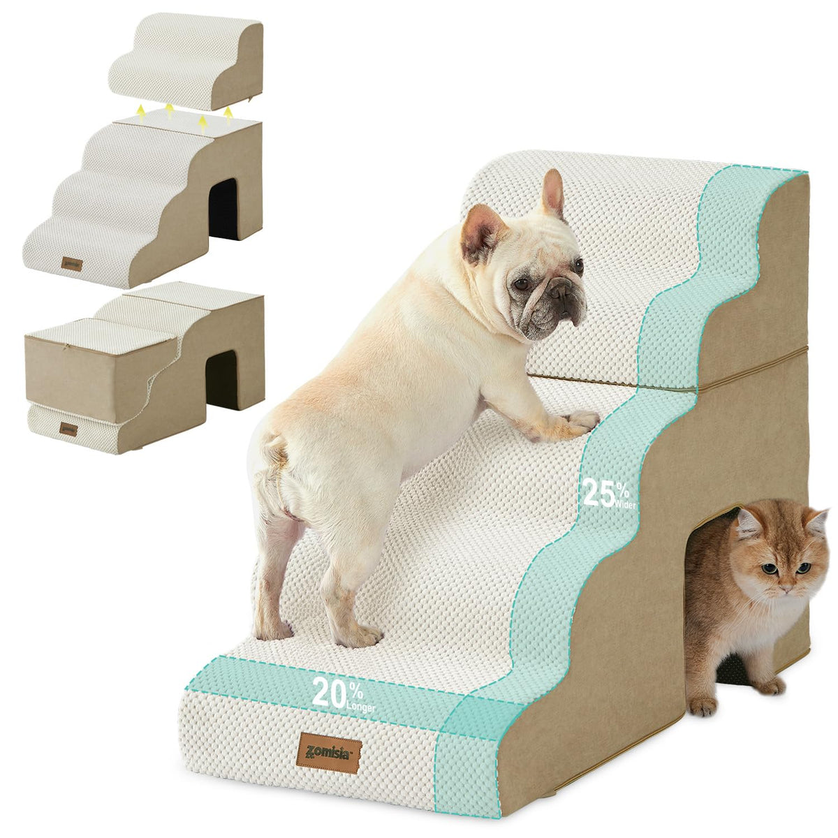 ZOMISIA Dog Stairs 5-step setup shows easy expansion for pet comfort.