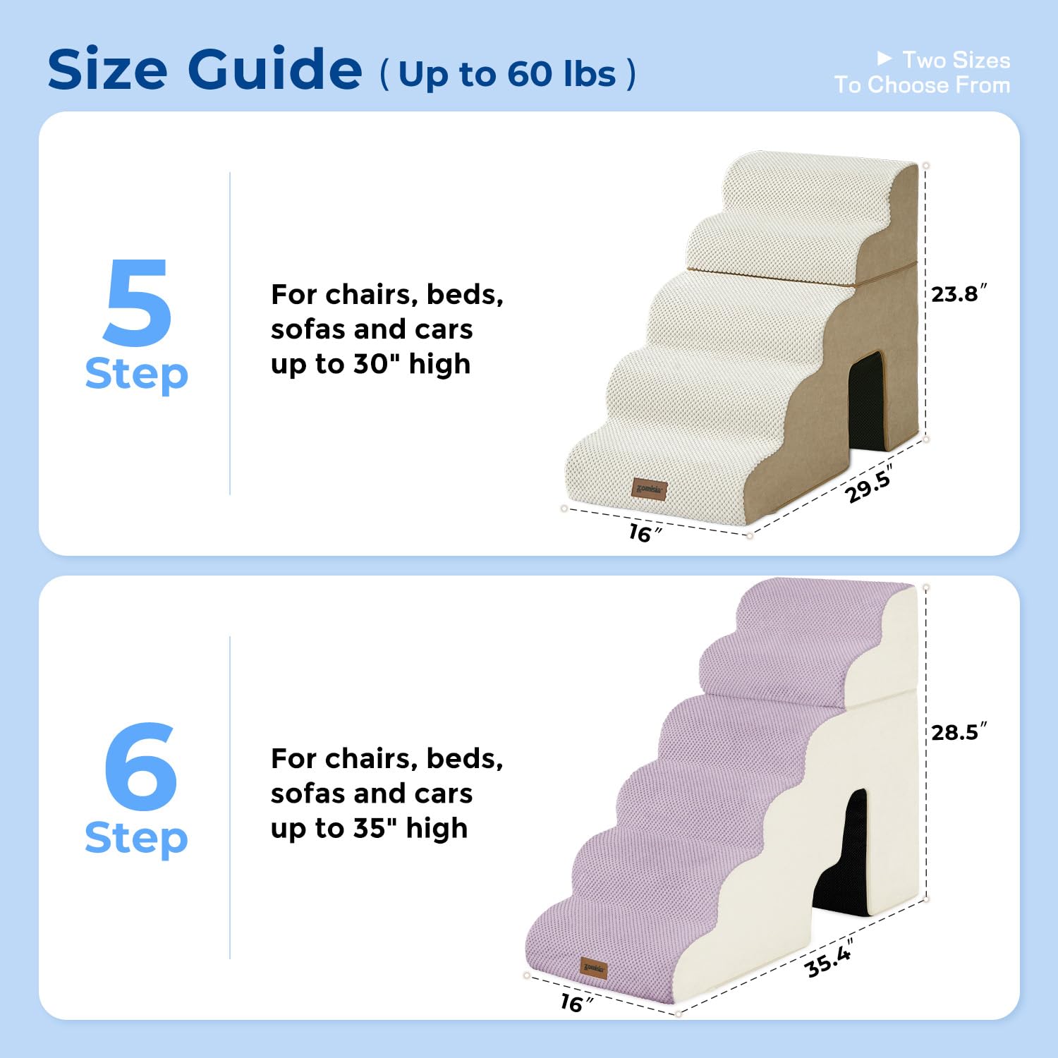 ZOMISIA Dog Stairs beige fabric highlights soft foam and stable support for pets.