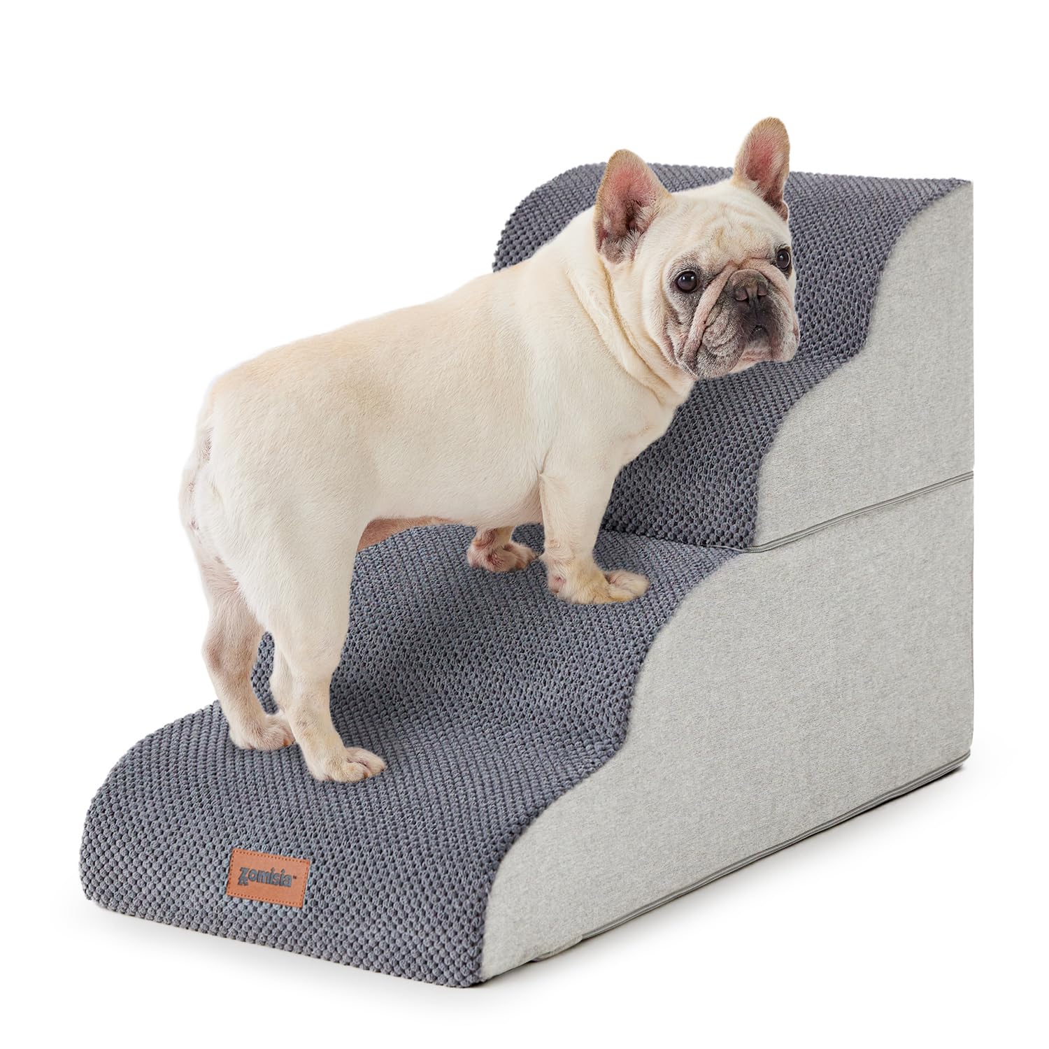 ZOMISIA dog stairs close-up shows 35D foam for sturdy support during pets' climbs.