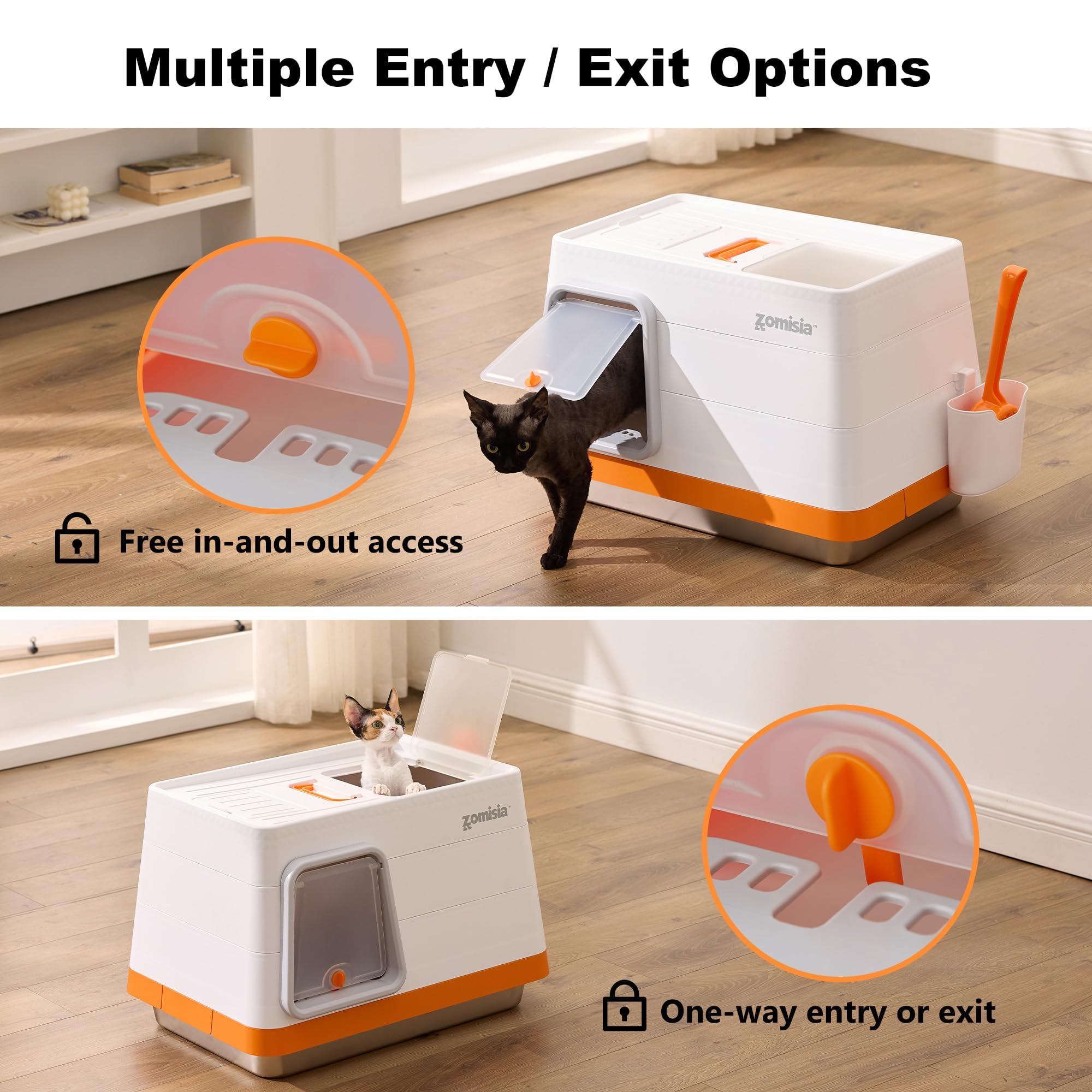 ZOMISIA dual exit design litter box provides front and top entry for flexible use.