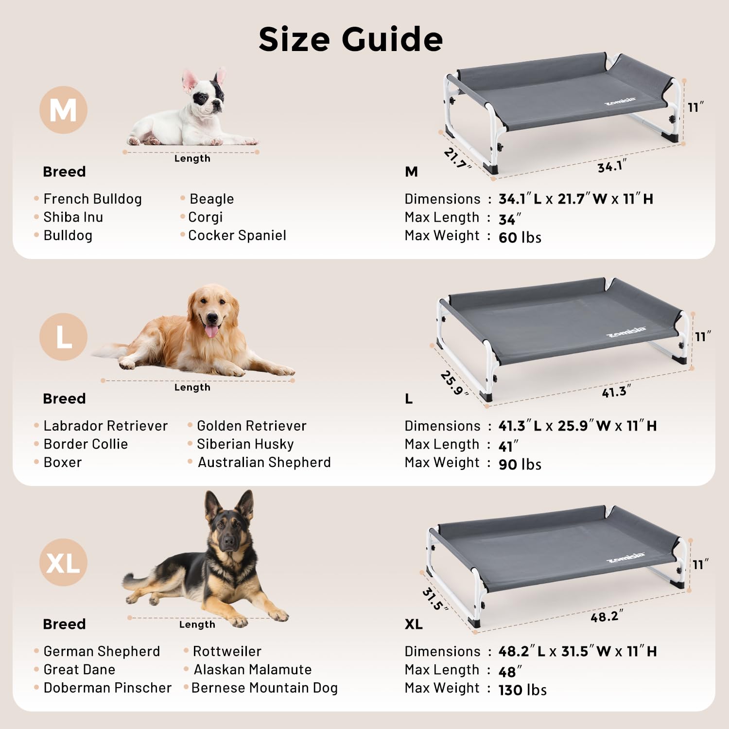 ZOMISIA elevated dog cot bed all-weather use for indoor and outdoor settings.