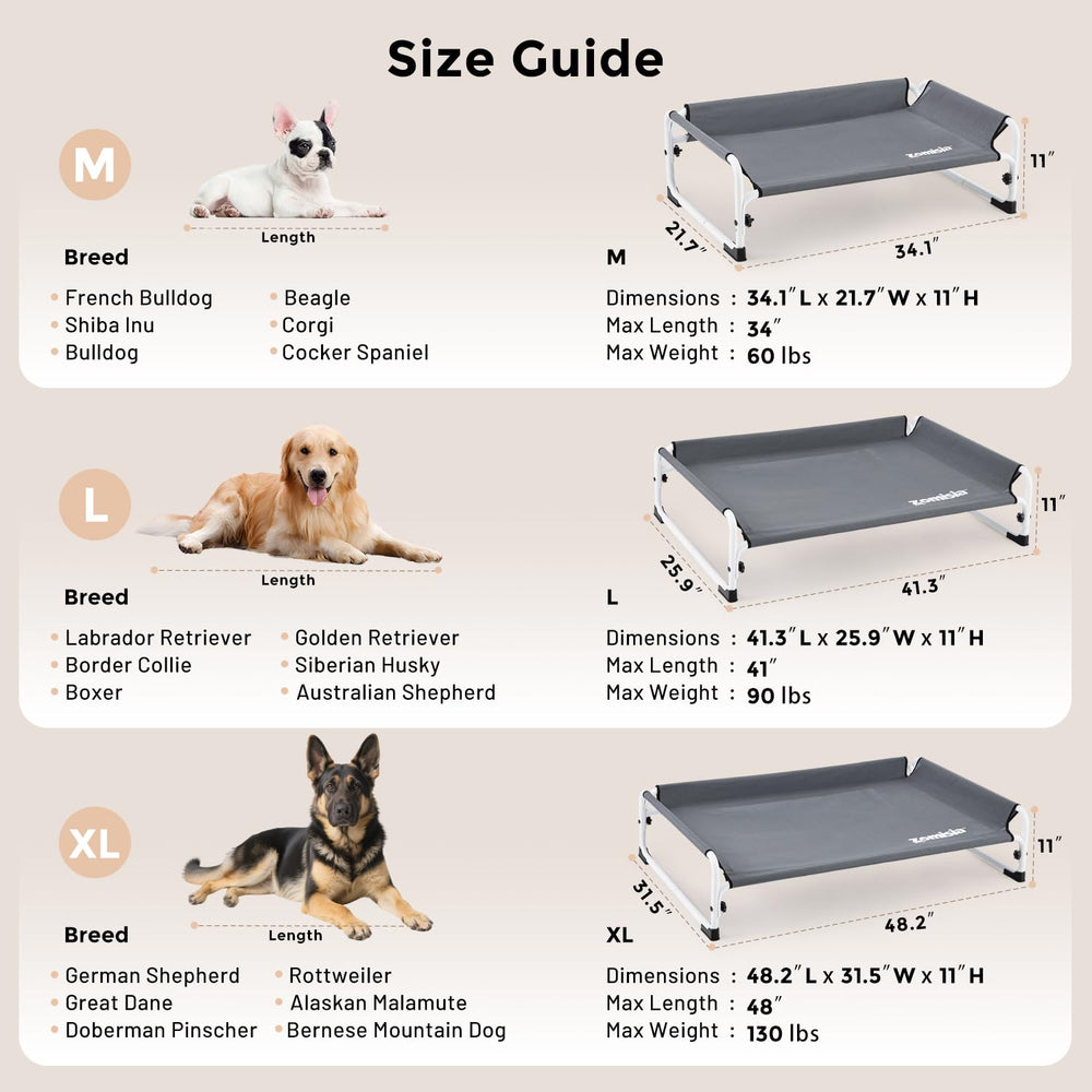 ZOMISIA elevated dog cot bed all-weather use for indoor and outdoor settings.