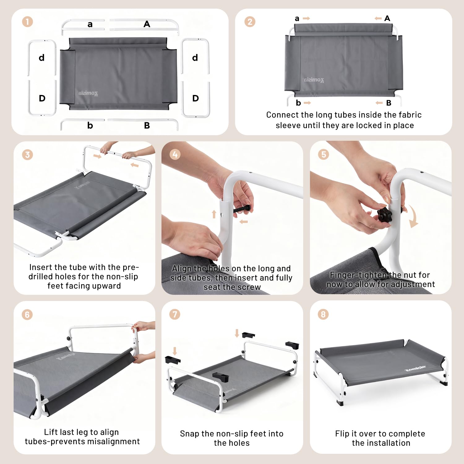 ZOMISIA elevated dog cot bed non-slip feet protect floors during playtime.