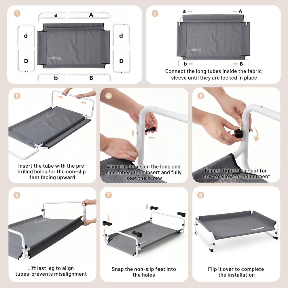 ZOMISIA elevated dog cot bed non-slip feet protect floors during playtime.