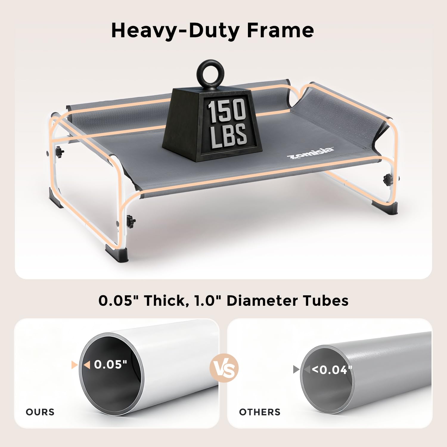 ZOMISIA elevated dog cot bed tool-free assembly highlights quick setup with wing nuts.
