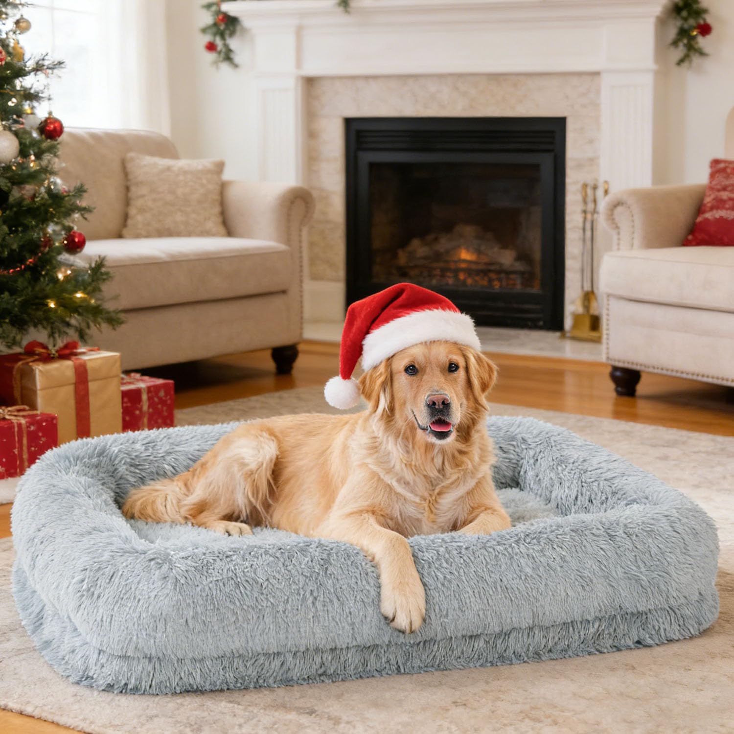 ZOMISIA Extra Large Dog Bed with grey plush fur cover for cozy warmth