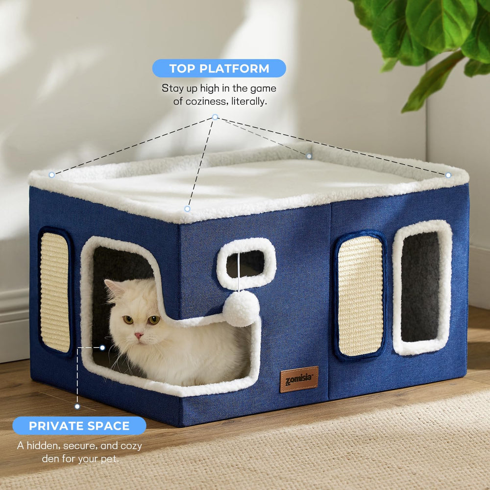 ZOMISIA Extra-Wide Cat House scratch pad demonstrates a durable claw-sharpening surface to help protect furniture.