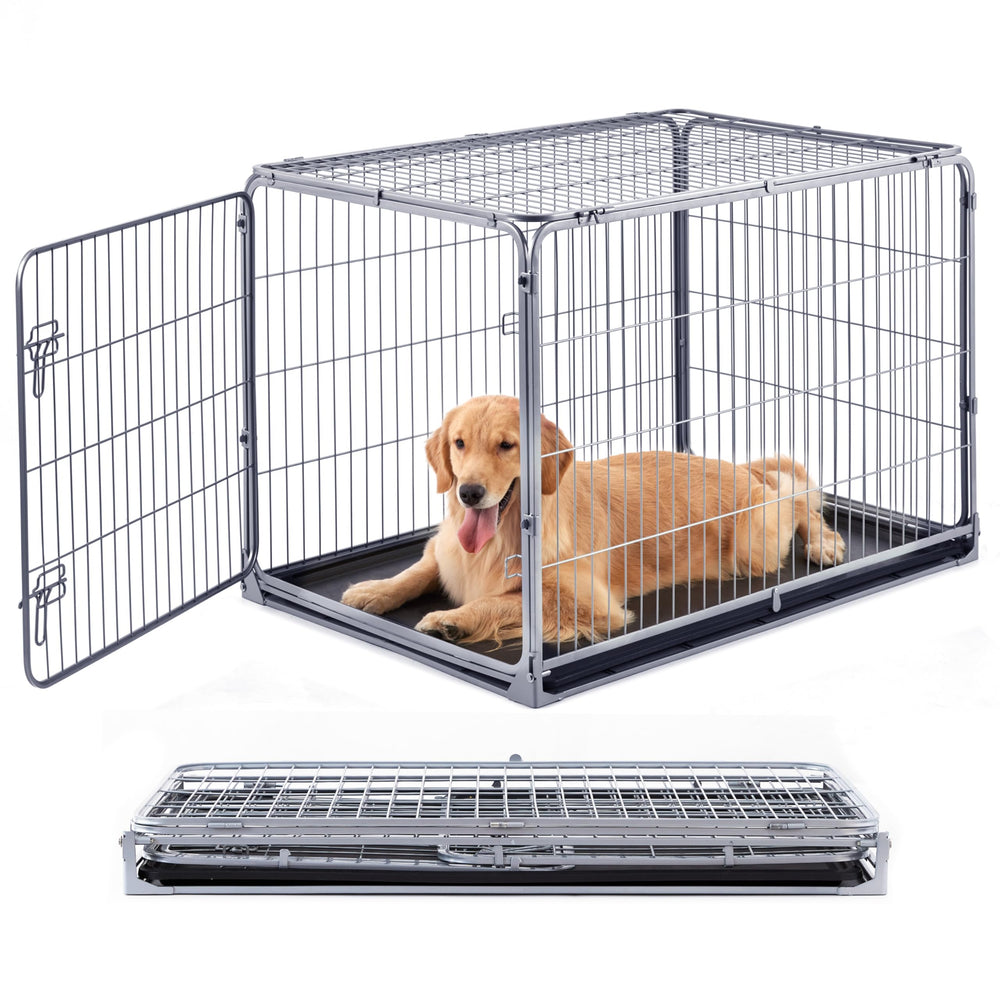 ZOMISIA foldable dog crate 42in in silver gray offers space-saving setup for large dogs.