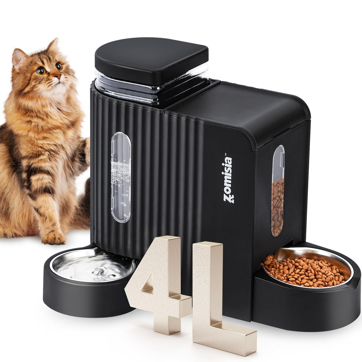 ZOMISIA gravity cat feeder front view showing dual feed setup for pets