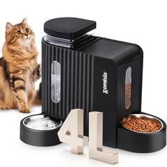 ZOMISIA gravity cat feeder front view showing dual feed setup for pets