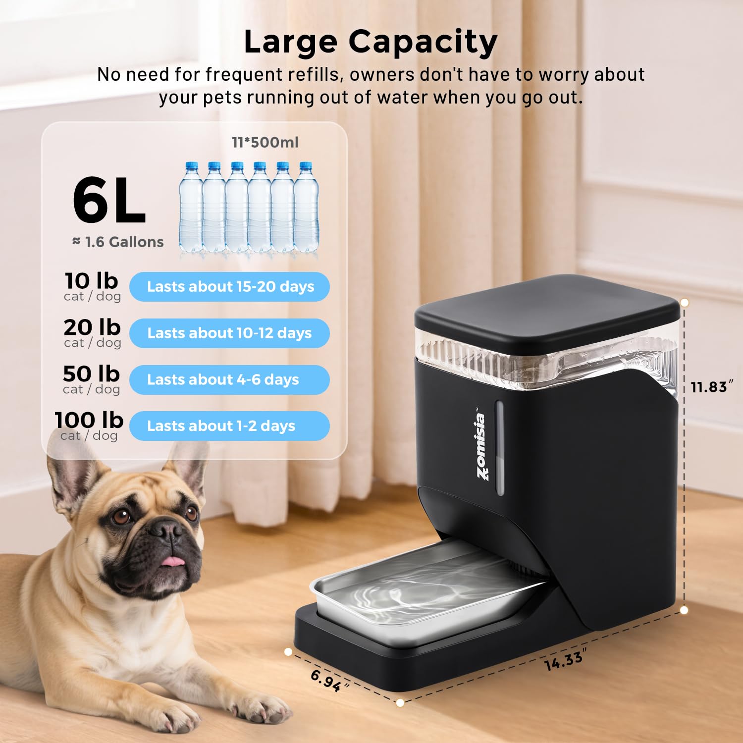 ZOMISIA gravity cat water dispenser 6L bowl - rust-resistant stainless steel for safe drinking.