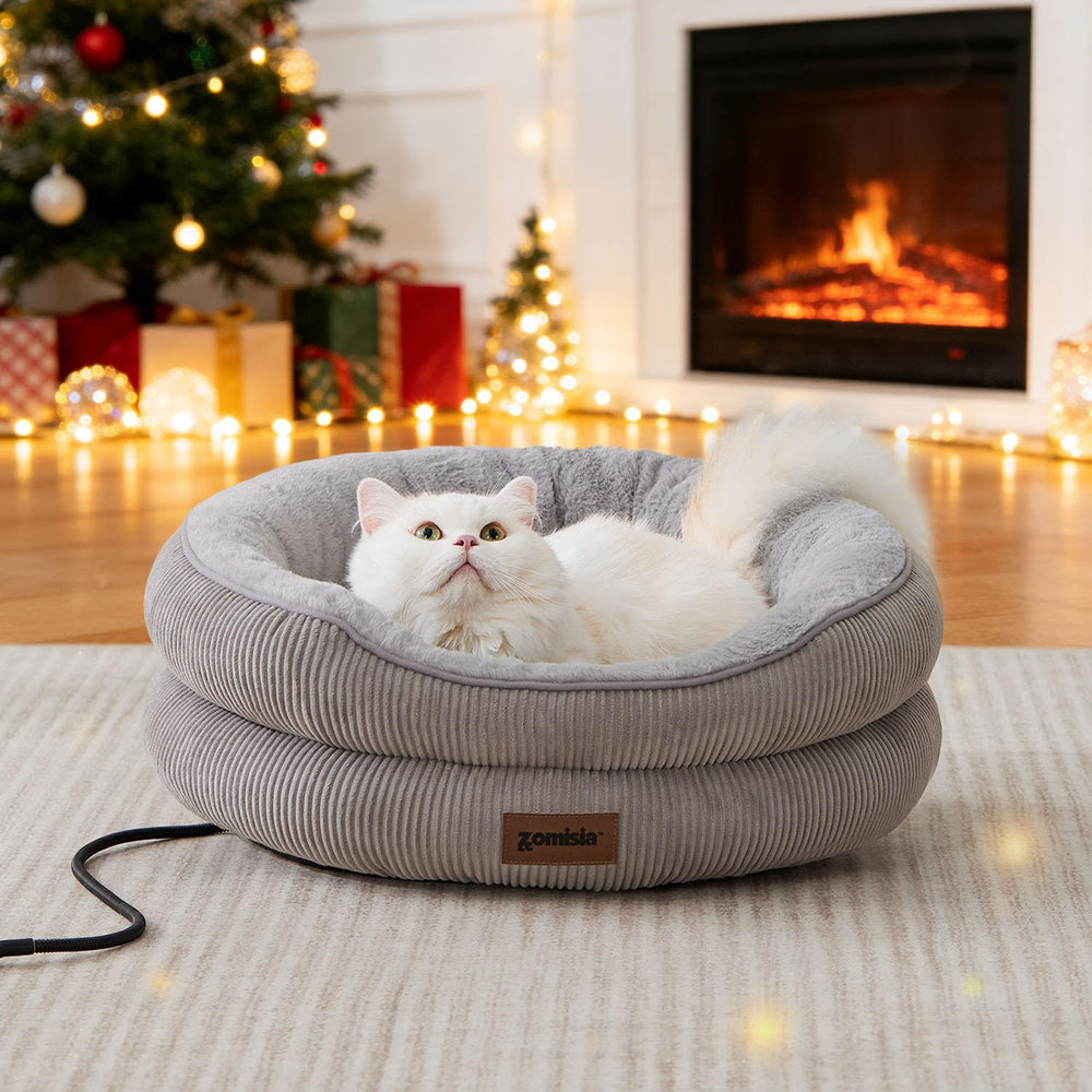ZOMISIA heated cat bed indoors highlights even warmth for cozy naps.