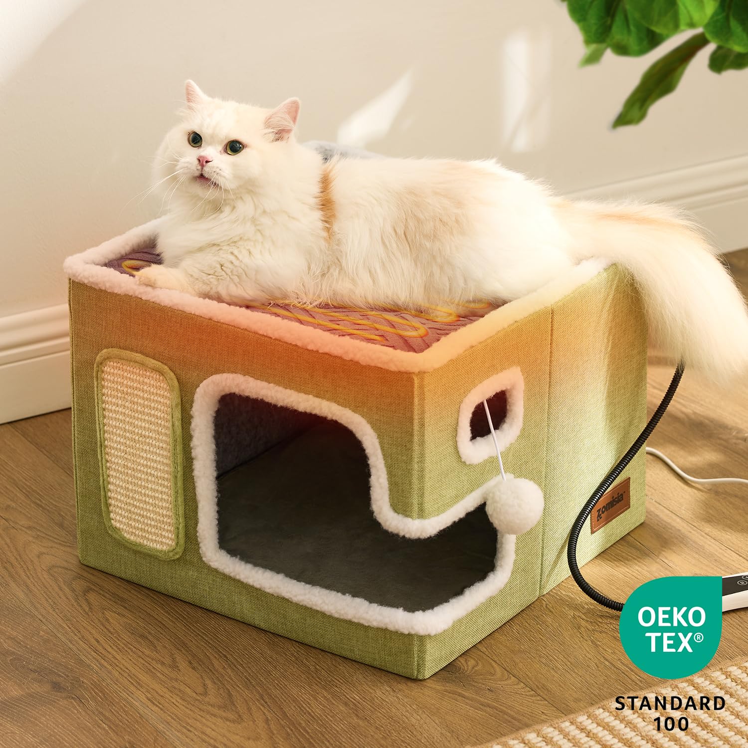ZOMISIA heated cat house den inside highlights a spacious, comfortable hideaway.
