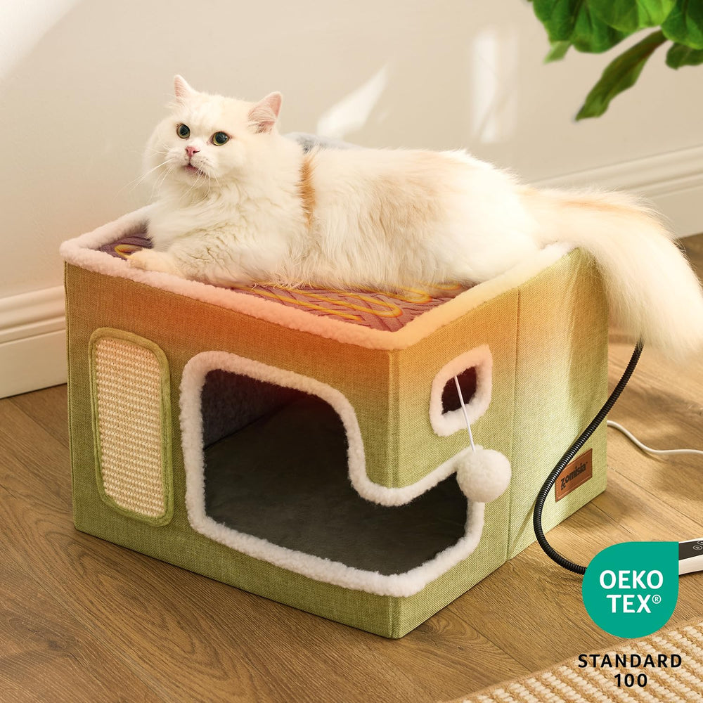 ZOMISIA heated cat house den inside highlights a spacious, comfortable hideaway.