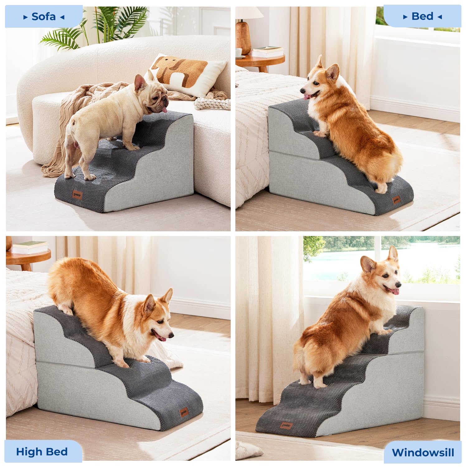 ZOMISIA pet stairs grey front view shows easy climb for couches and beds