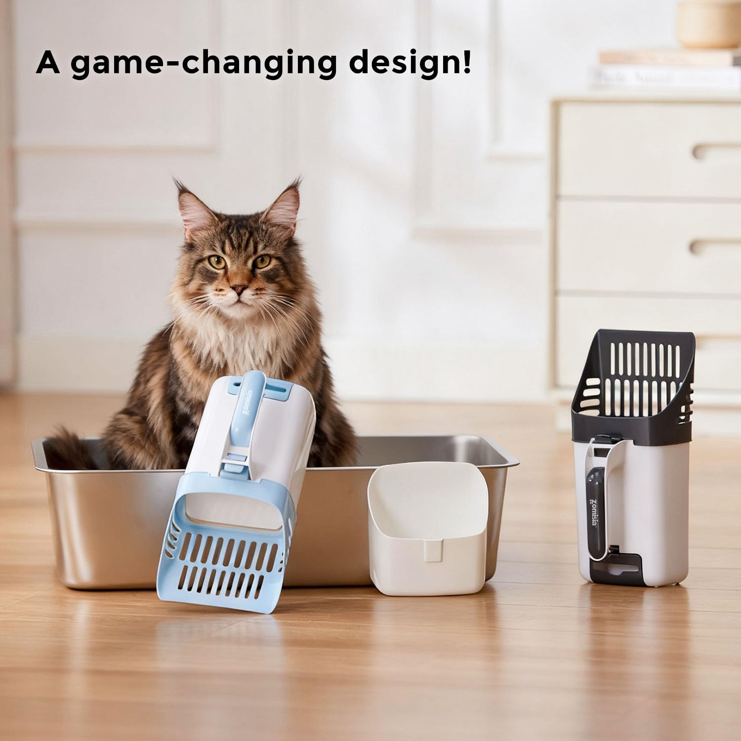 ZOMISIA scoop with straight edge tackles tough clumps for quick litter box maintenance.