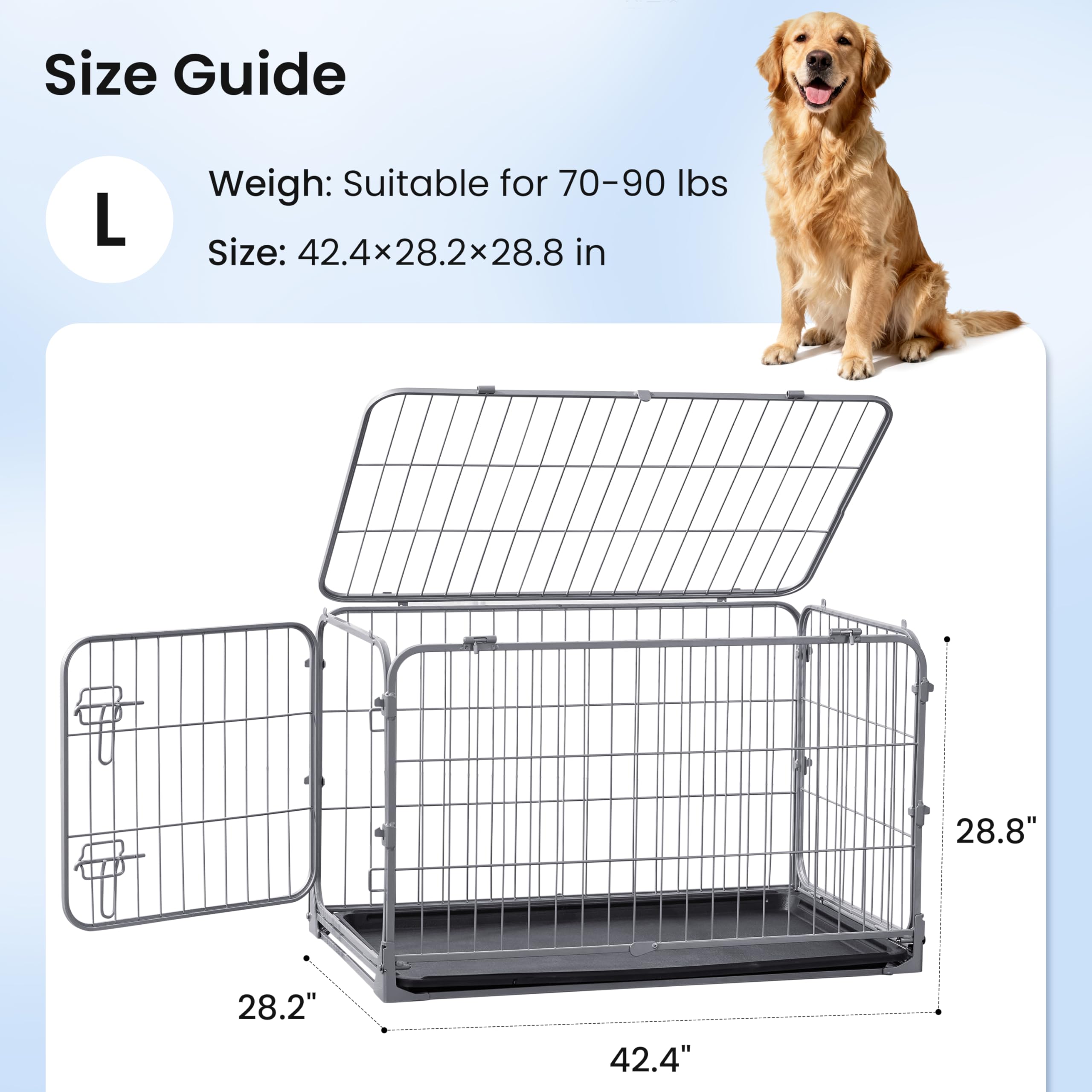 ZOMISIA silver-gray 42-inch crate shows durable construction and reliable space for large dogs.