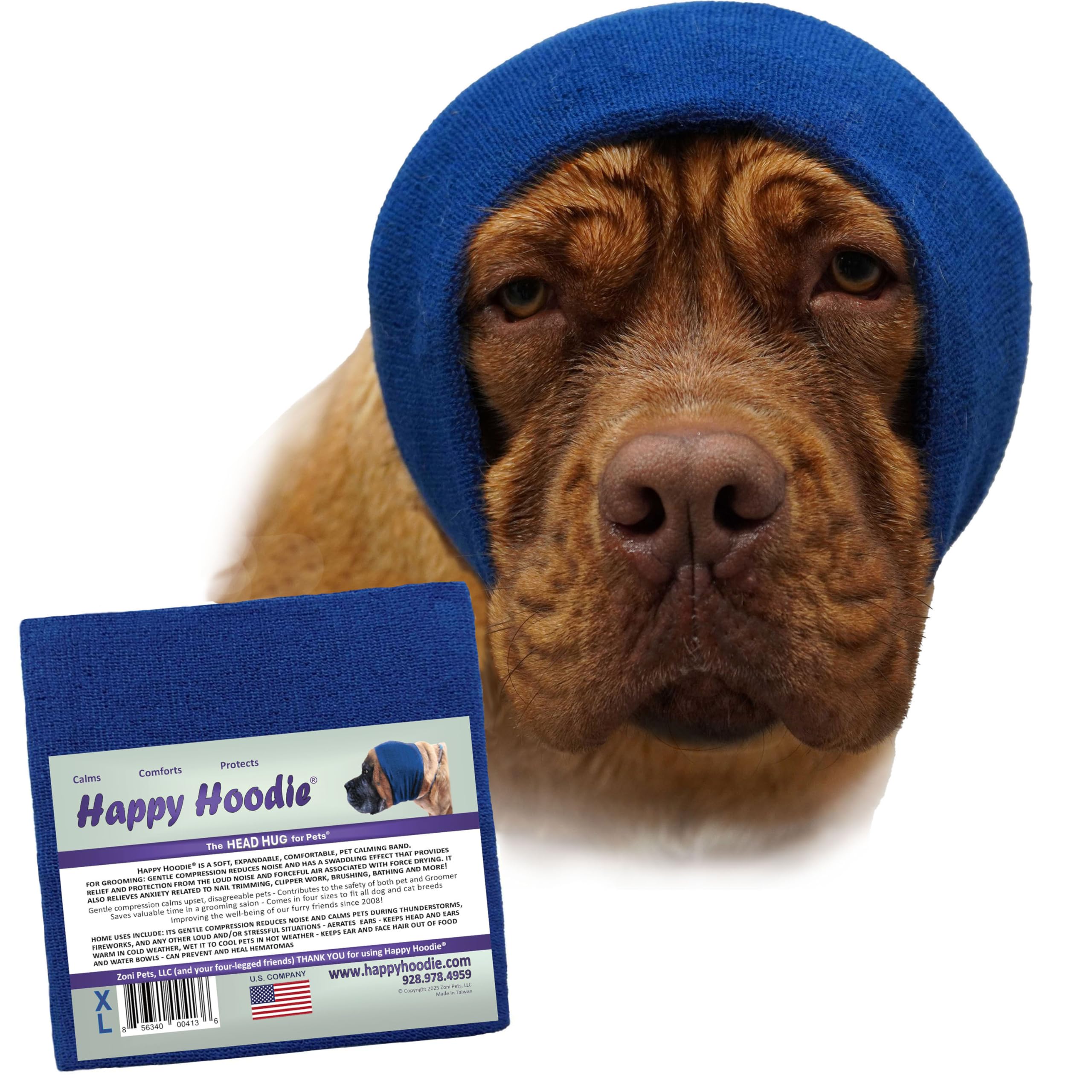 Capucha Feliz XL de ZONI PETS en azul marino sobre perro con capucha para calma durante el aseo