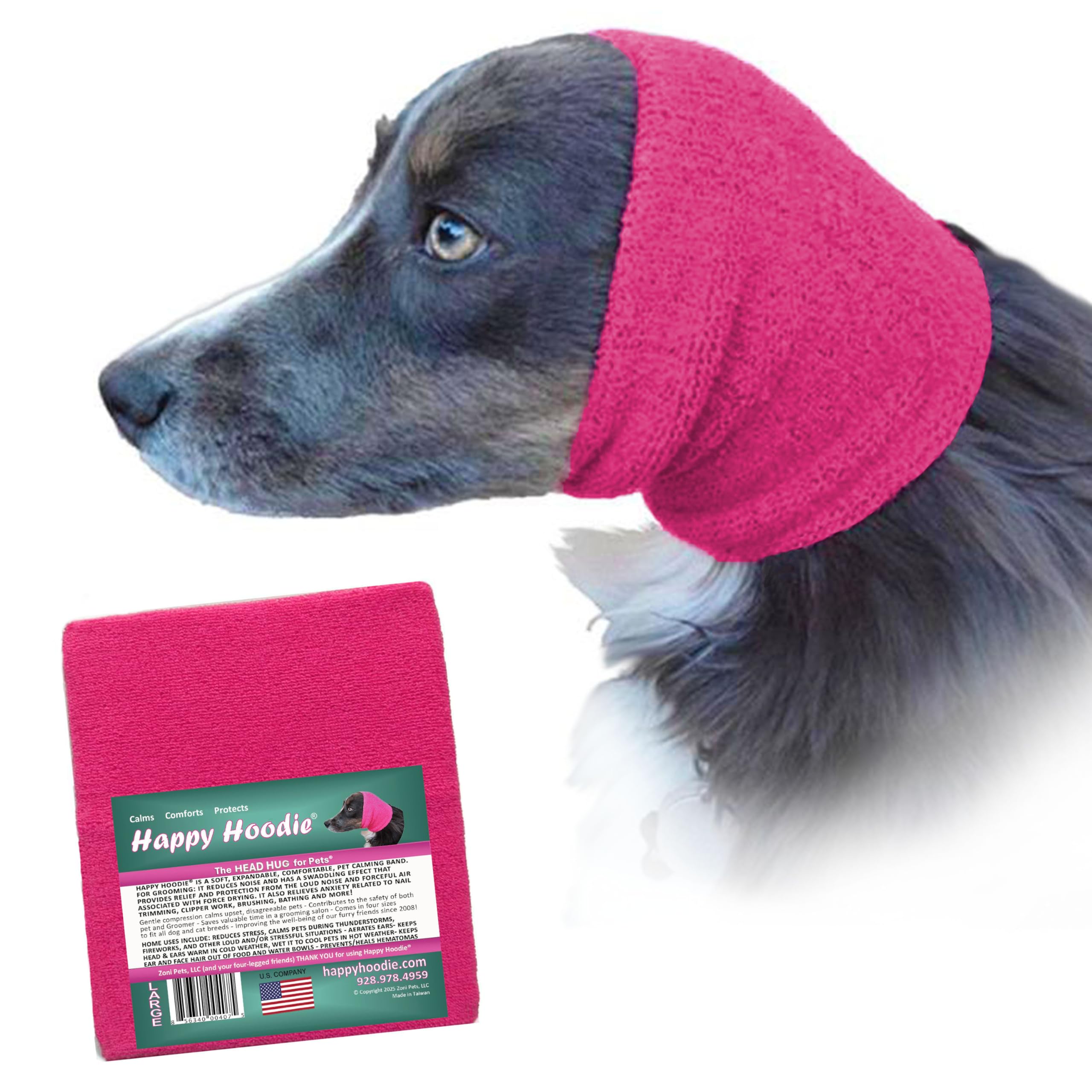 ZONI PETS Happy Hoodie front view pink calms anxious pets during grooming.