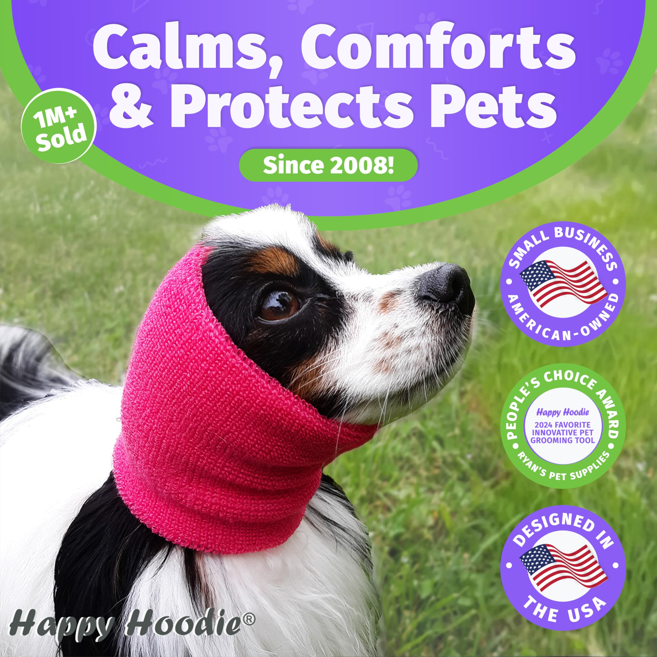 ZONI PETS Happy Hoodie ear-wrap in use demonstrates noise protection during grooming.