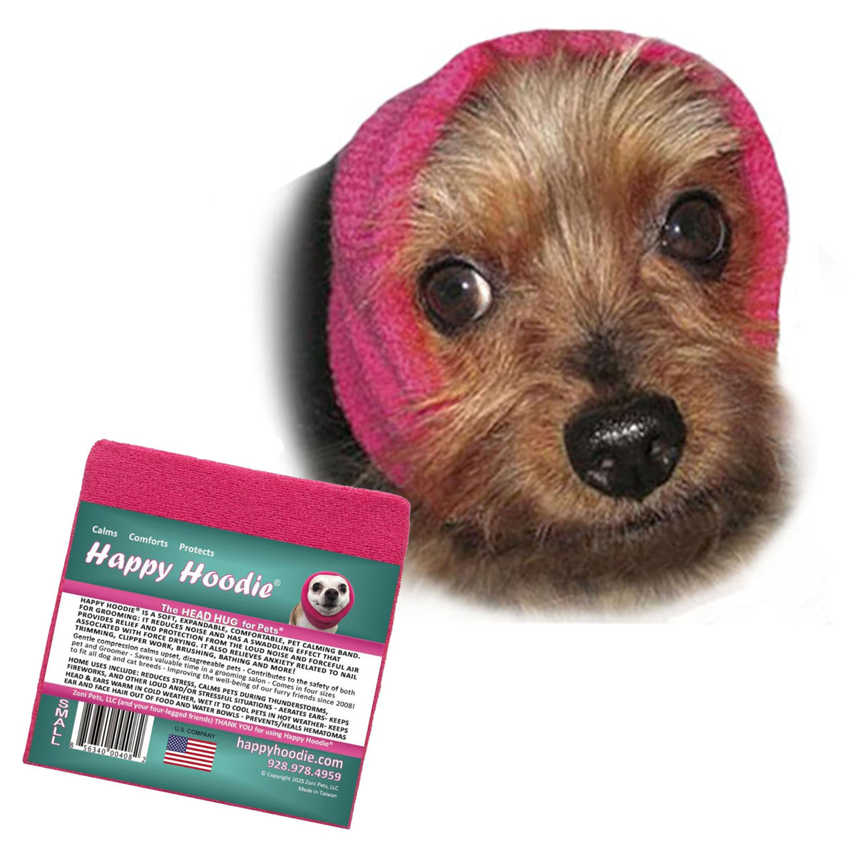 ZONI PETS Happy Hoodie small pink dog front view for calming during grooming.