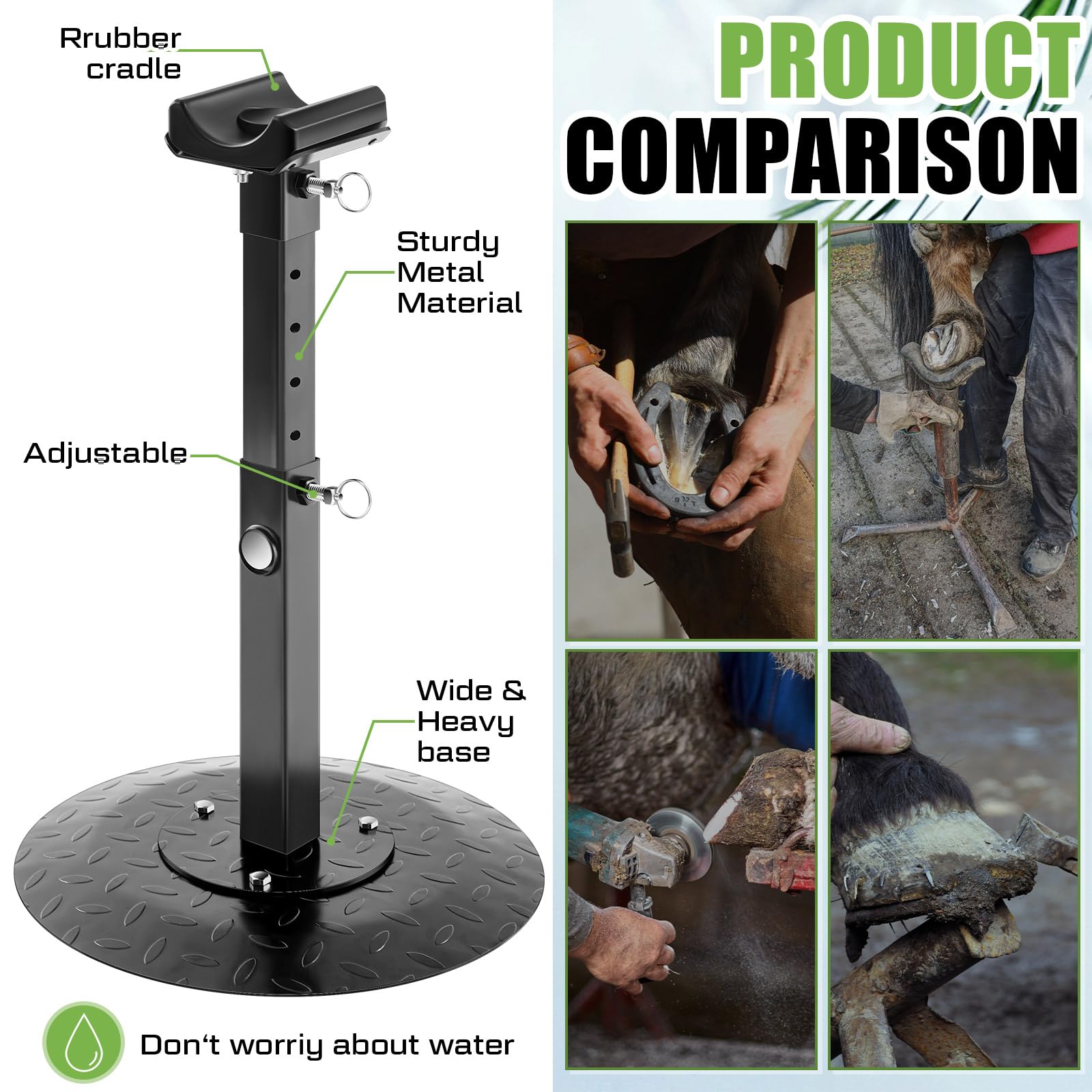 Zonon adjustable farrier stand supports horses, cows, goats with flexible height.