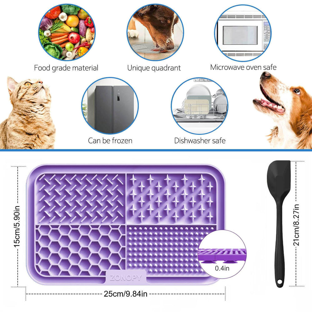Zonopy licking mat close-up highlights textured surfaces for spreadable treats and calming activity.
