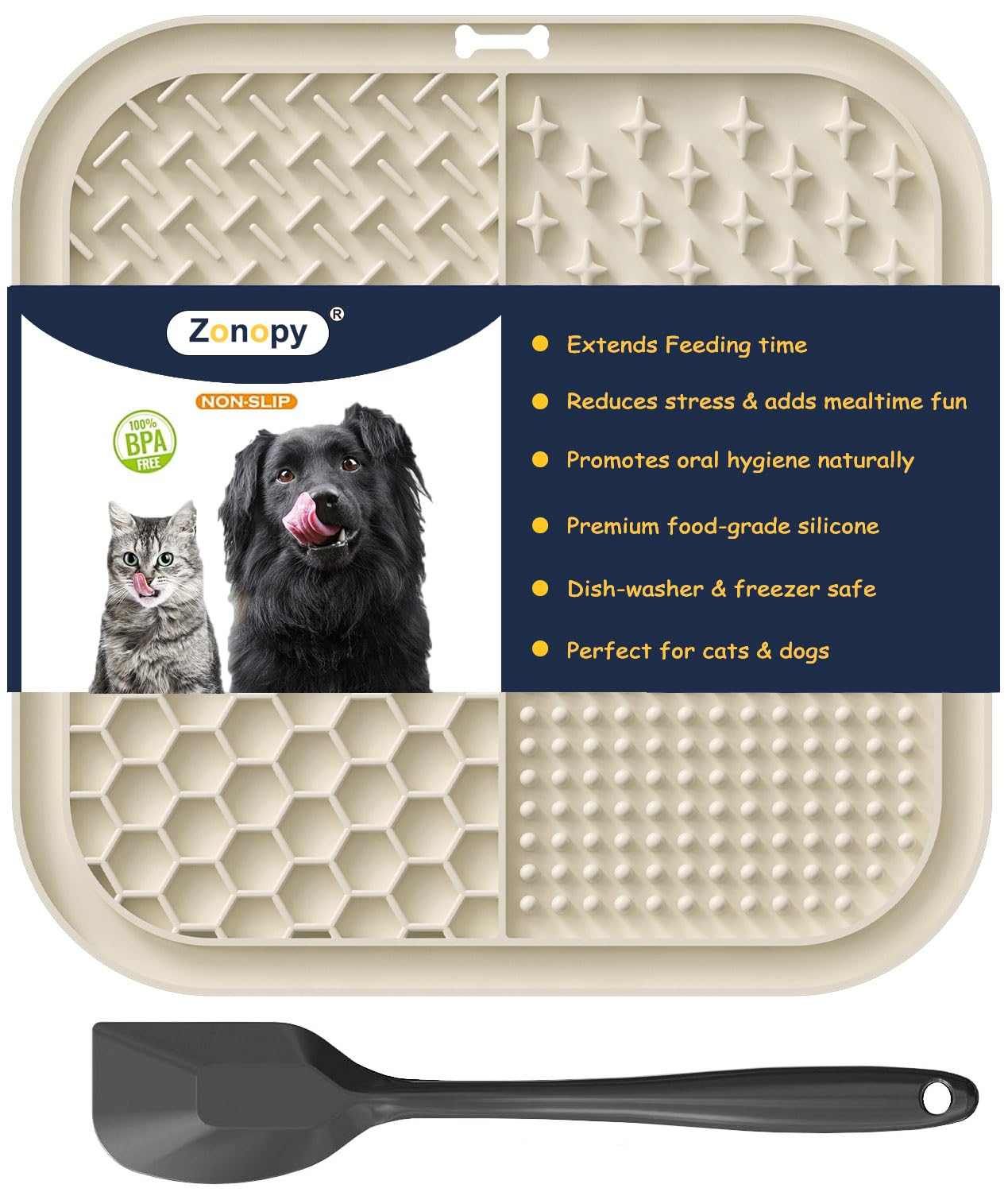 Zonopy Licking Mat showing four textured surfaces for slow feeding and enrichment