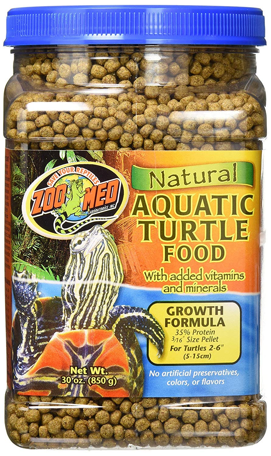 Zoo Med Aquatic Turtle Food Growth Formula pellets floating on water for surface feeding.