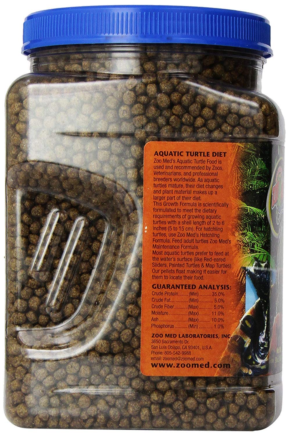 Zoo Med Aquatic Turtle Food Growth Formula packaging showing surface feeding scene.