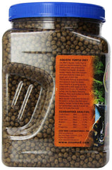 Zoo Med Aquatic Turtle Food Growth Formula packaging showing surface feeding scene.