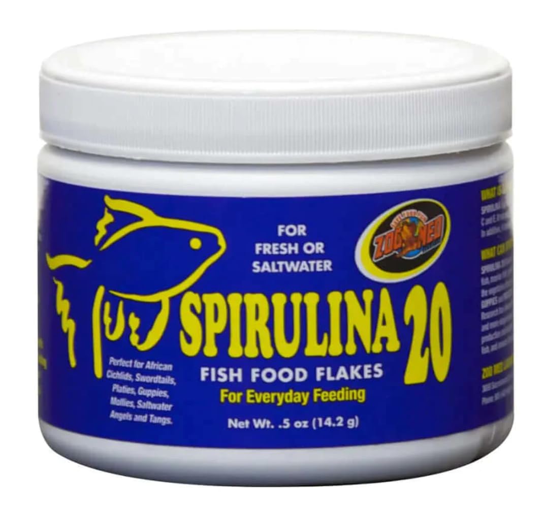Zoo Med Aquatrol Spirulina jar close-up emphasizes vibrant color-boosting flakes
