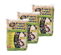 Zoo Med Aspen Snake Bedding 3-pack 24qt shown as naturalistic substrate for burrows and odor control.
