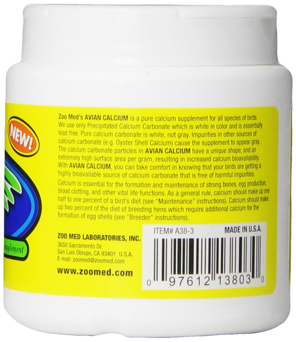 Zoo Med Avian Calcium jar back label highlights purity and lead-free formulation
