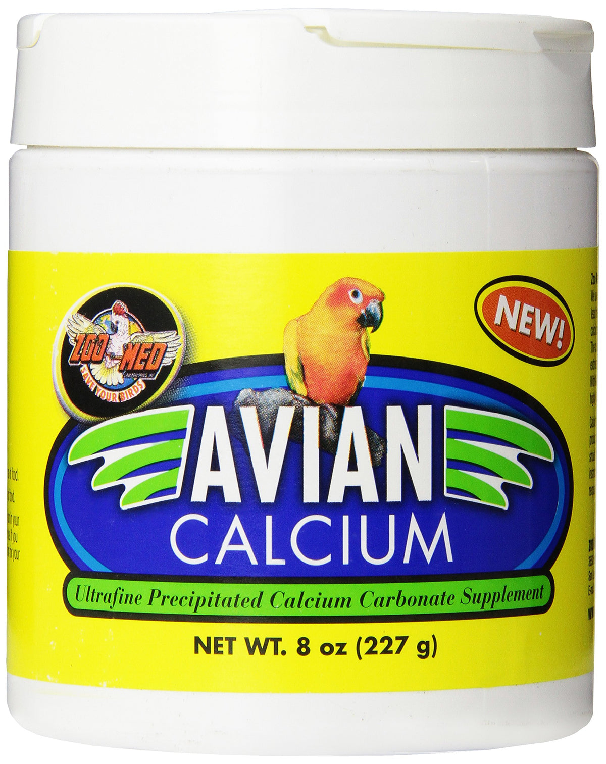 Zoo Med Avian Calcium packaging front shows USA-made supplement for birds