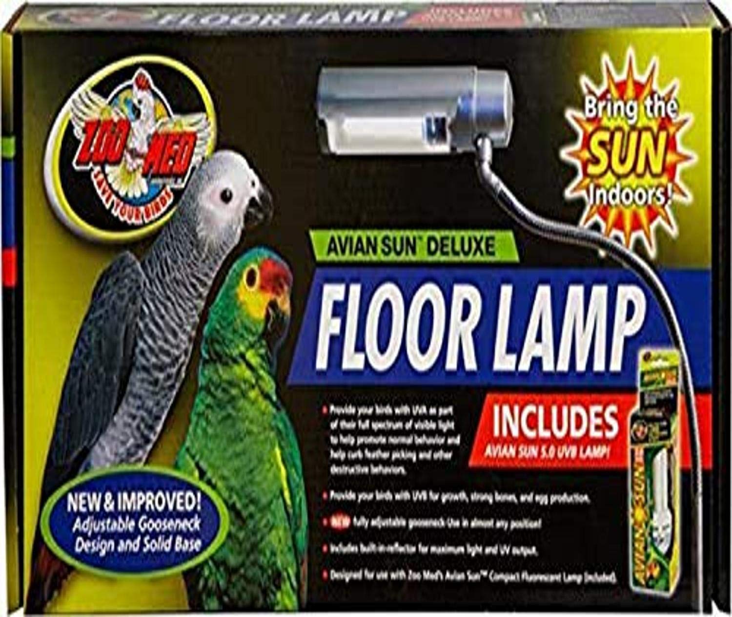 Zoo Med Aviansun Deluxe Floor Lamp silver, UVB/UVA light for birds' natural behaviors.