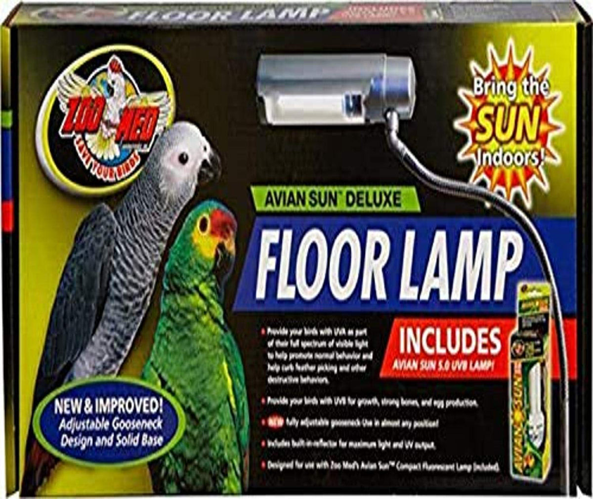 Zoo Med Aviansun Deluxe Floor Lamp silver, UVB/UVA light for birds' natural behaviors.