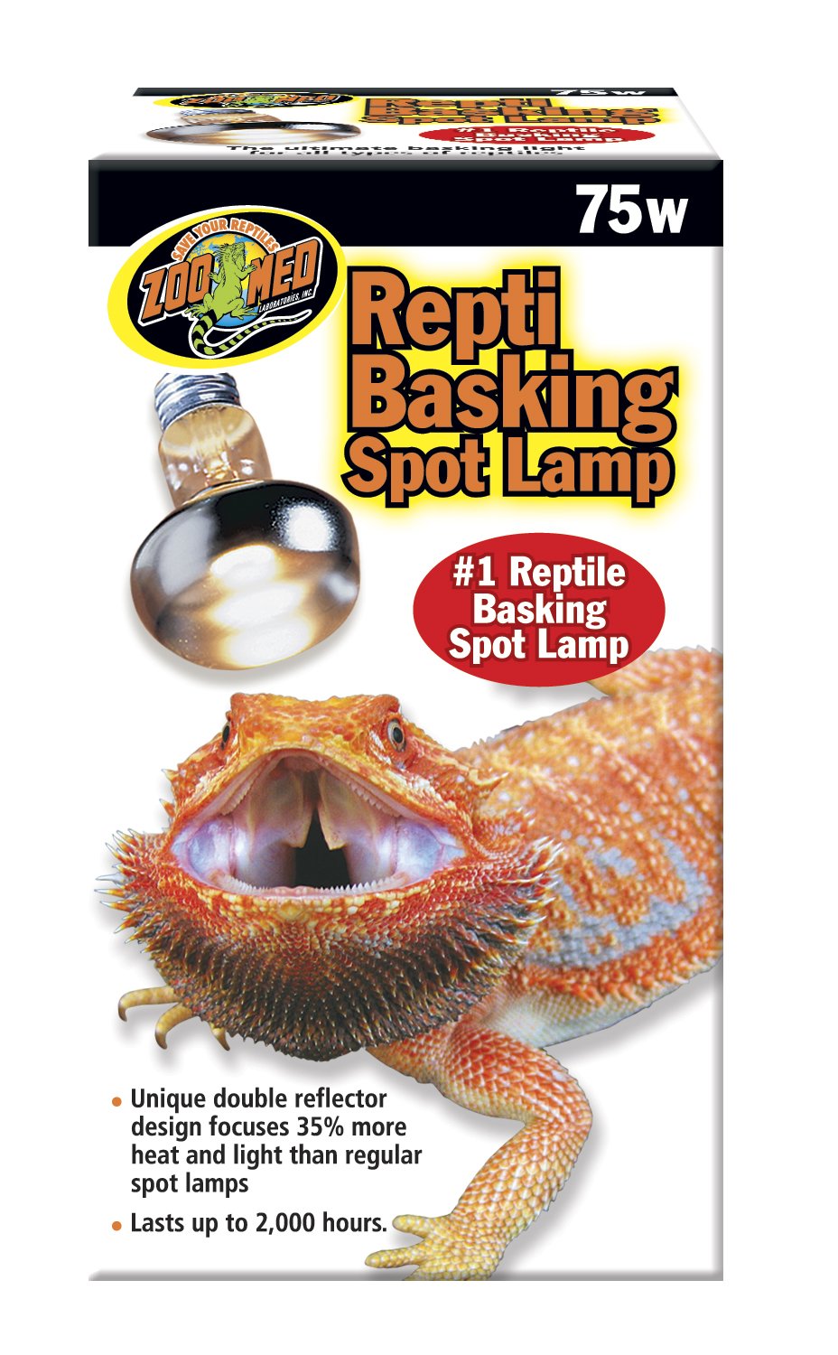 Zoo Med Basking Spot Lamp 75W Pack front view demonstrates concentrated heat for basking.