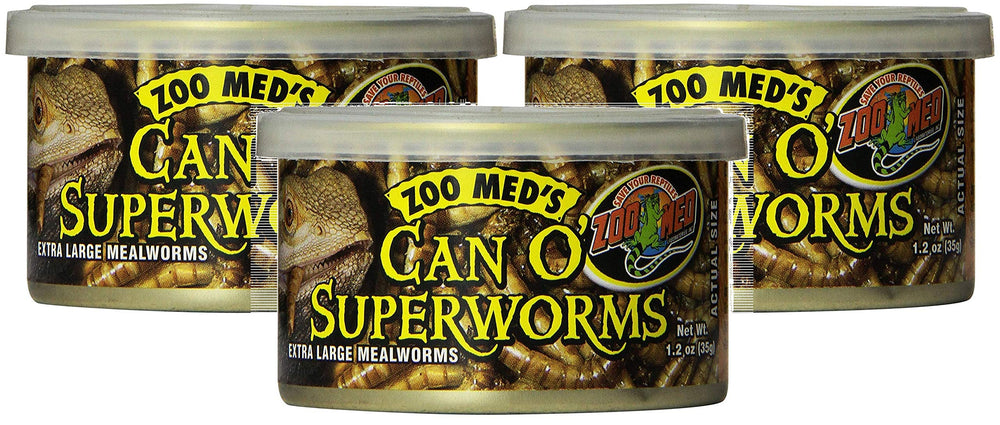 Zoo Med Can O' SuperWorms 3-pack can—shelf-stable feeder worms for reptiles