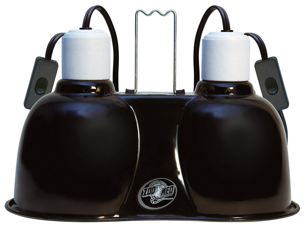 Zoo Med combo mini deep-dome clamp lamp side view showing easy switches for safer heating control