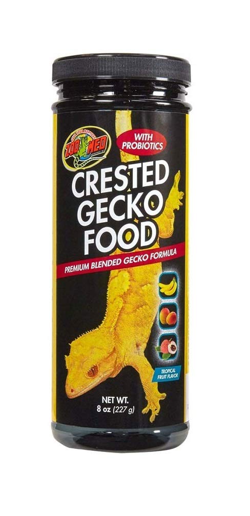 Zoo Med Crested Gecko Food Tropical Fruit 8 oz bag showing probiotic formula for digestion support