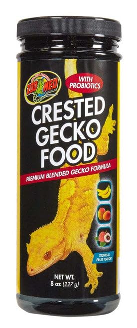 Zoo Med Crested Gecko Food Tropical Fruit 8 oz serving demonstrating natural diet variety with fruits and insects