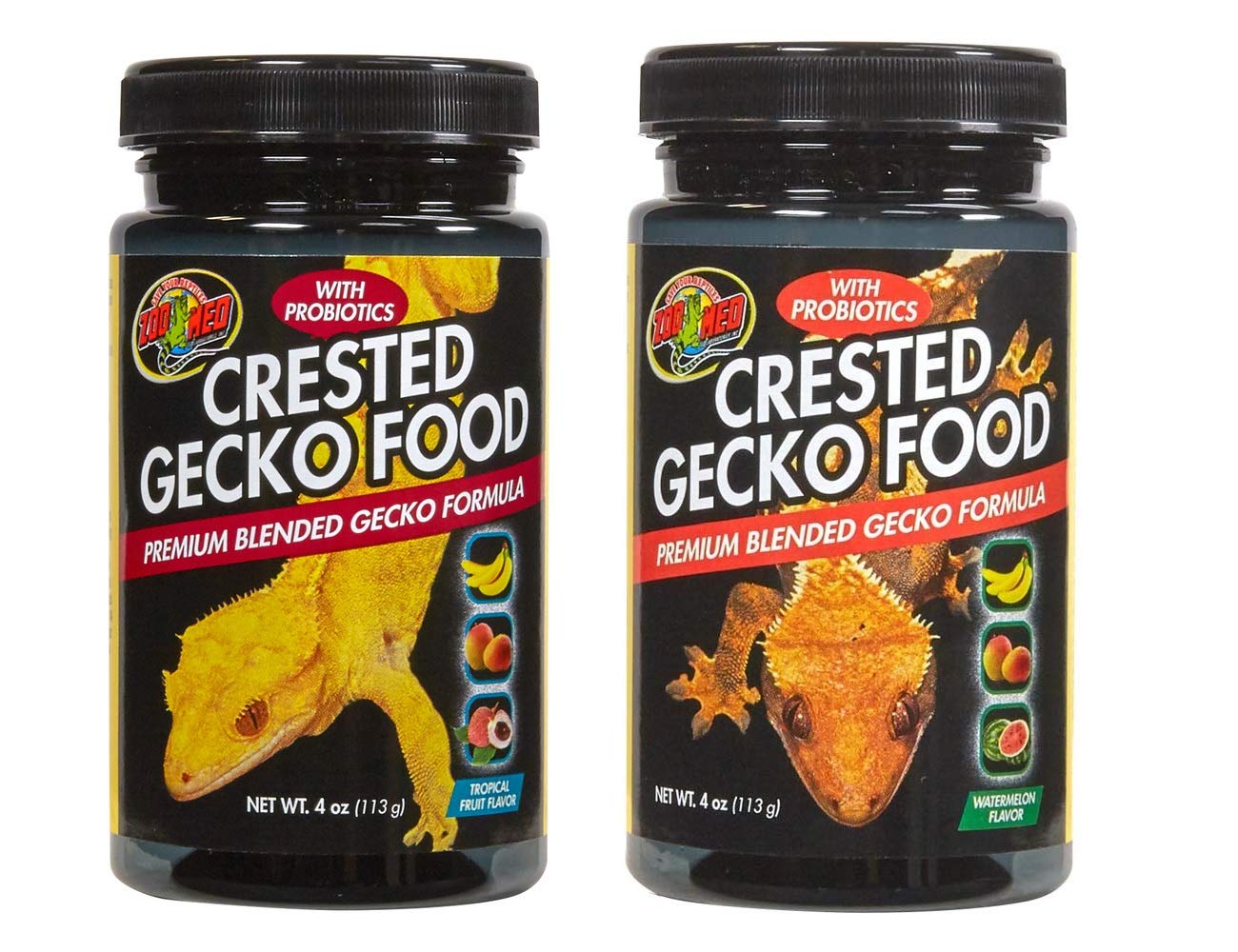 Zoo Med crested gecko food variety pack jar showing Watermelon flavor for balanced omnivorous diet.