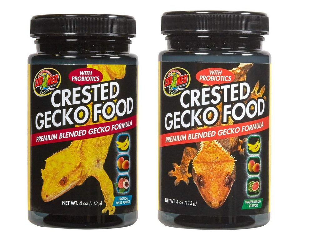 Zoo Med crested gecko food variety pack jar showing Watermelon flavor for balanced omnivorous diet.