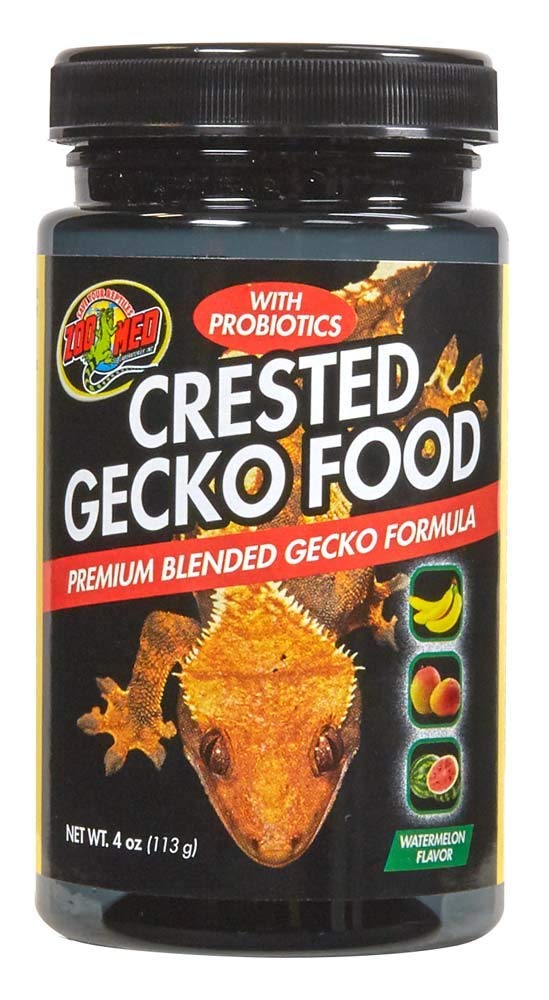 Zoo Med crested gecko food jar, watermelon and tropical flavors, supports digestion and healthy growth.
