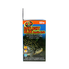 Zoo Med daylight blue bulb true blue glass close-up highlights heat transfer.