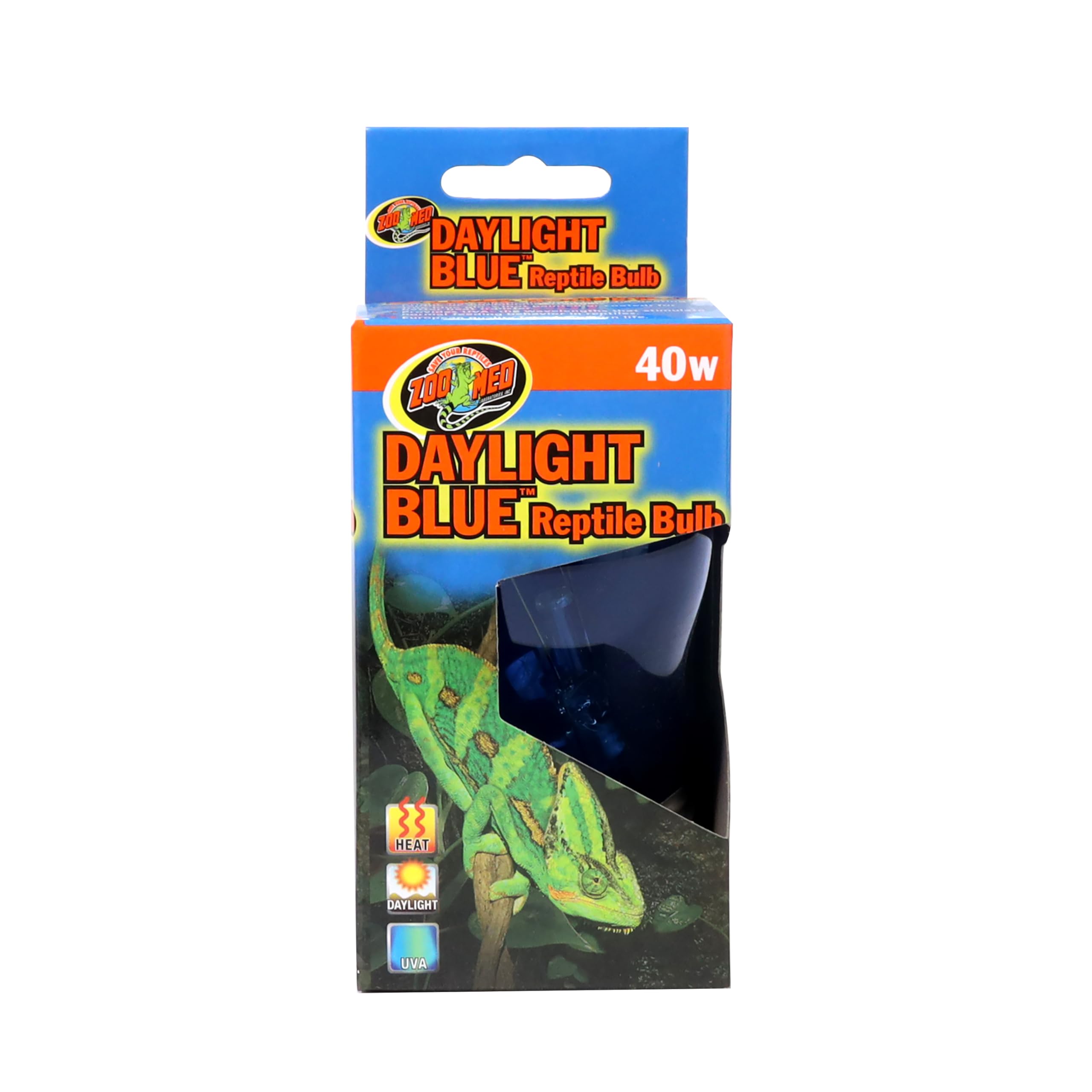 Zoo Med Daylight Blue Reptile Bulb 40W with True Blue Glass for clear basking light.