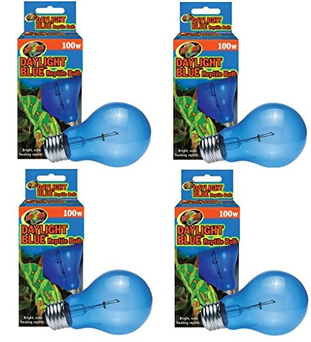 Zoo Med Daylight Blue Reptile Bulbs 100W four-pack shown in a hood for bright natural daylight.
