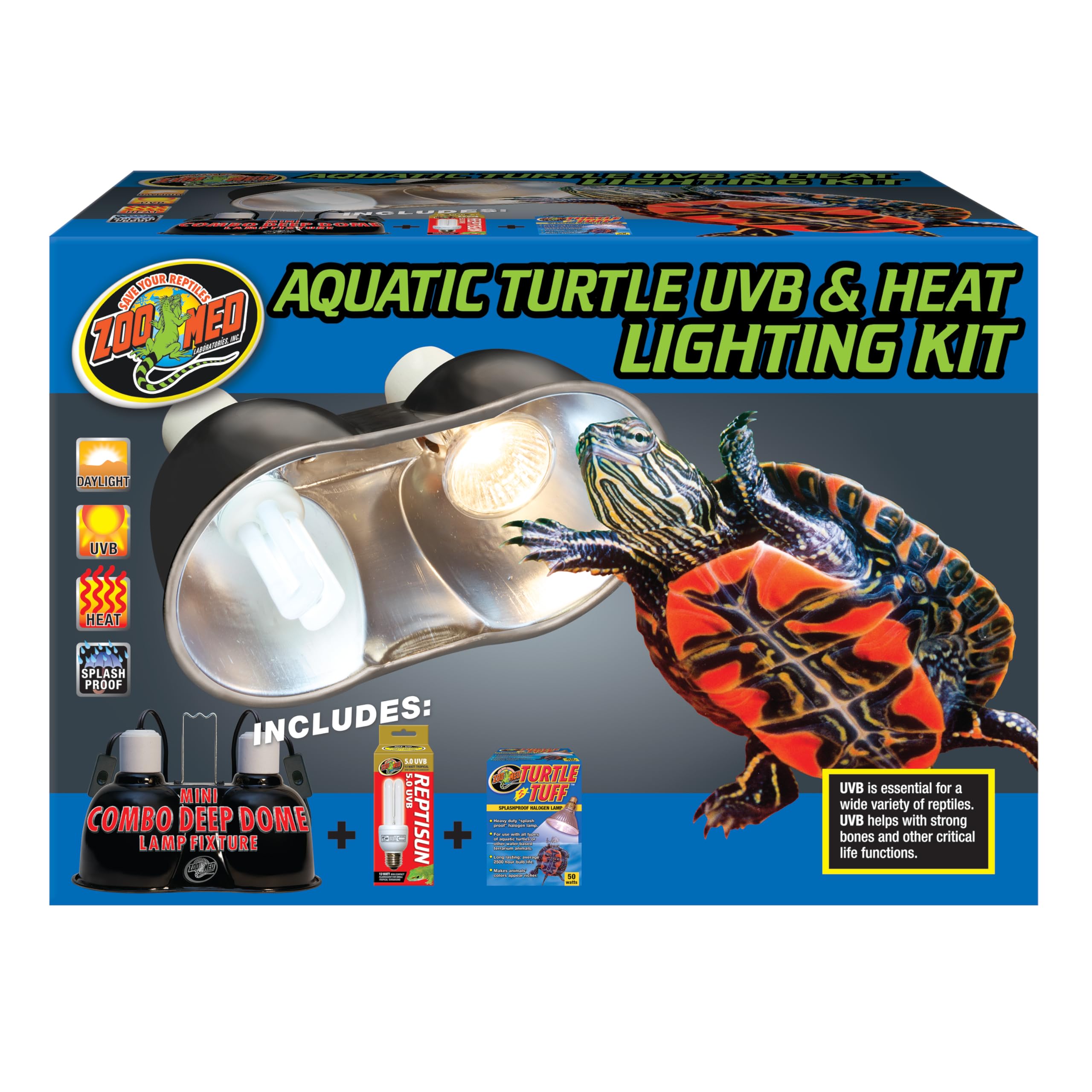 Zoo Med dual-fixture turtle kit shows two lamps for basking and UV exposure.