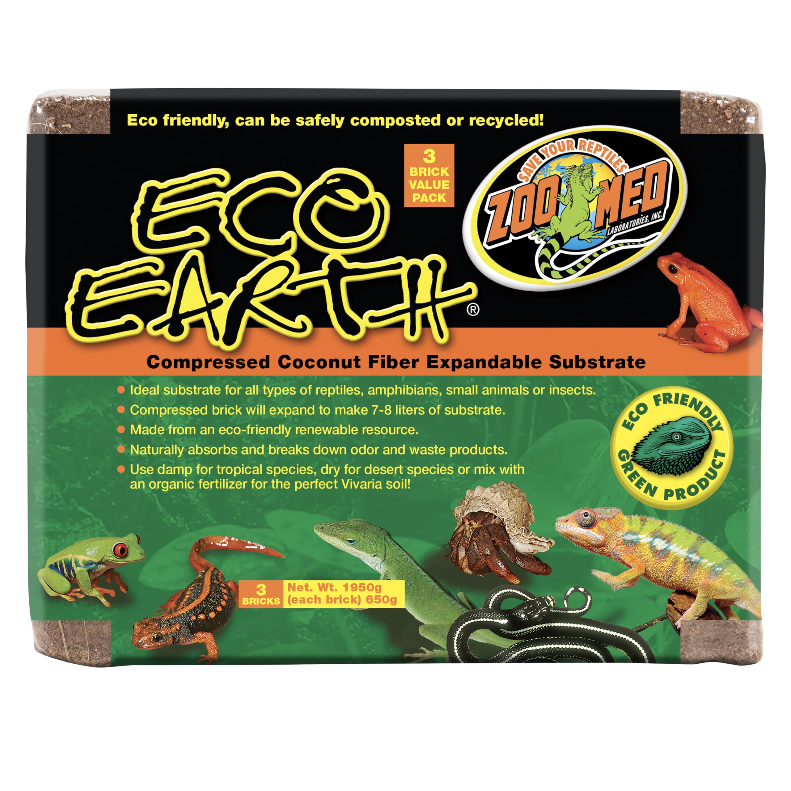 Zoo Med Eco Earth bedding coconut fiber provides natural terrarium substrate.